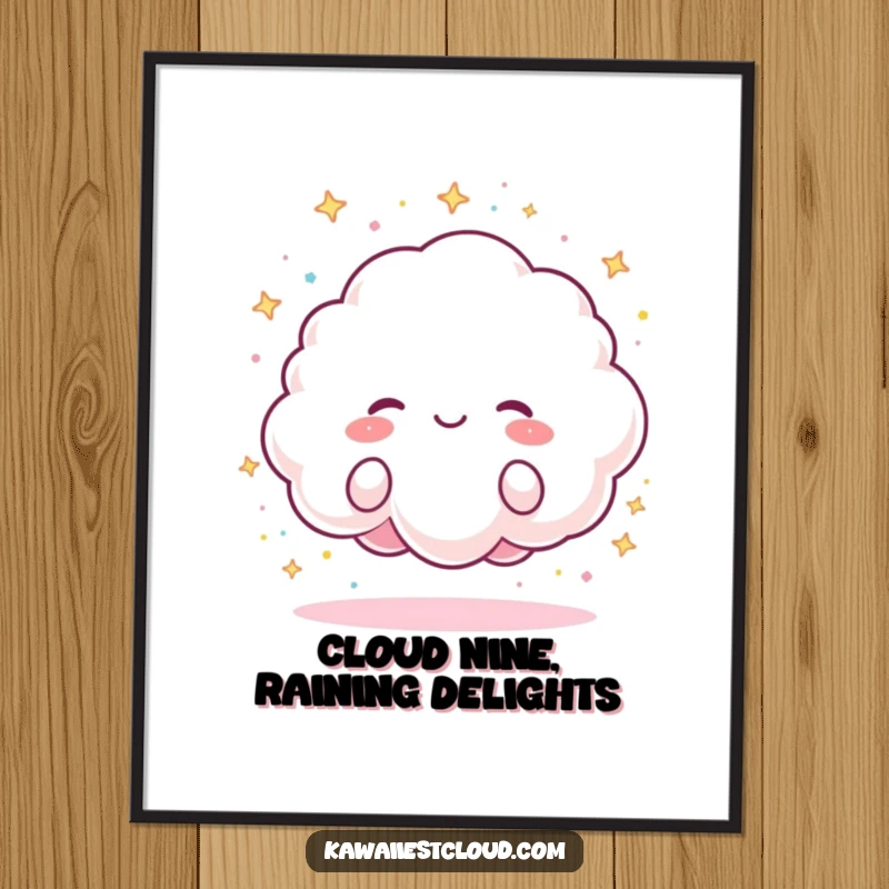 Funny Free Printable Wall Art: Fluffy cloud character joyfully raining tiny colorful sparkles, creating a happy and whimsical atmosphere.