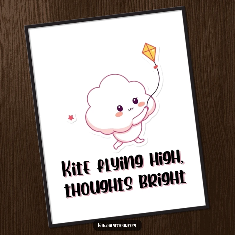 Funny Free Printable Wall Art depicting a playful cloud character joyfully chasing a kite crafted from pure, radiant light.