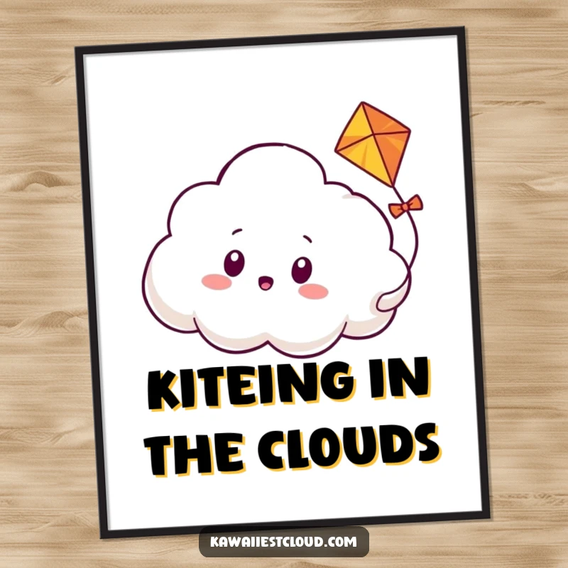 Funny Free Printable Wall Art: Surprised Cloud Character with Wide Eyes Watching a Kite Weave Around It.
