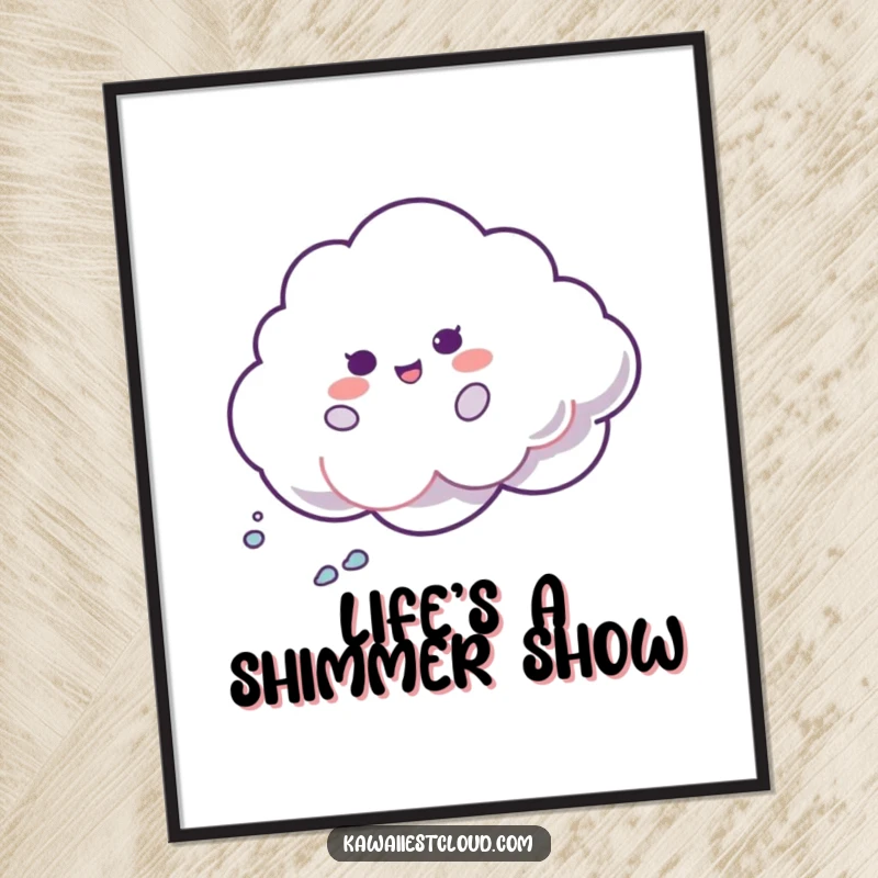 Funny Free Printable Wall Art: A cute cloud character in a playful spin, leaving a trail of iridescent shimmer, whimsical decor.