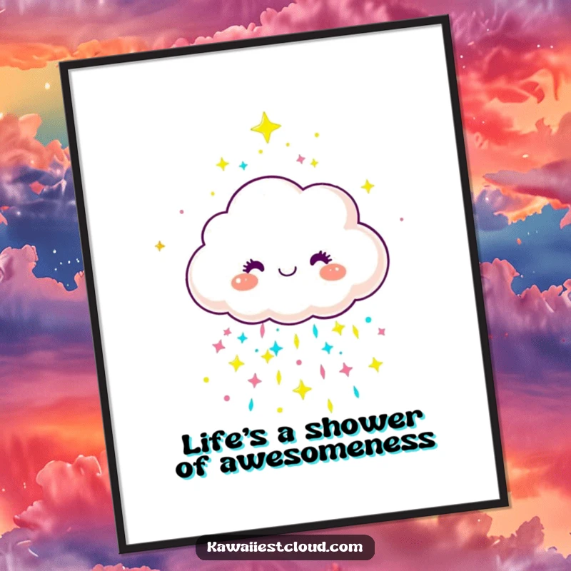 Funny Free Printable Wall Art: A joyful cloud character showers colorful, sparkly rain, bringing cheer