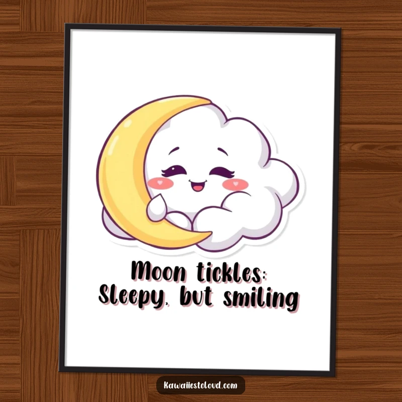 Funny Free Printable Wall Art: Mischievous cloud character playfully tickling a sleepy moon, creating a whimsical night scene.