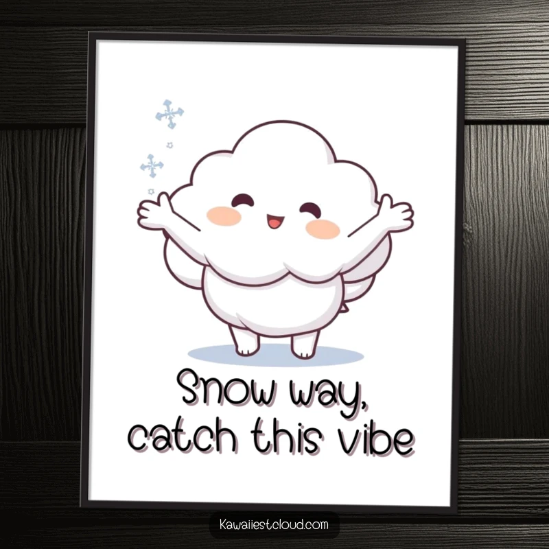 Funny Free Printable Wall Art: A cloud character happily extending arms to catch a delicate snowflake.