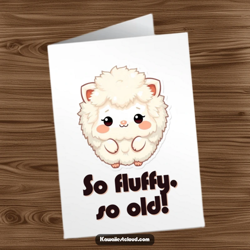 Funny Free Printable Birthday Card with a fluffy, textured character displaying minimalistic features and a wide, silly grin. DIY gift.