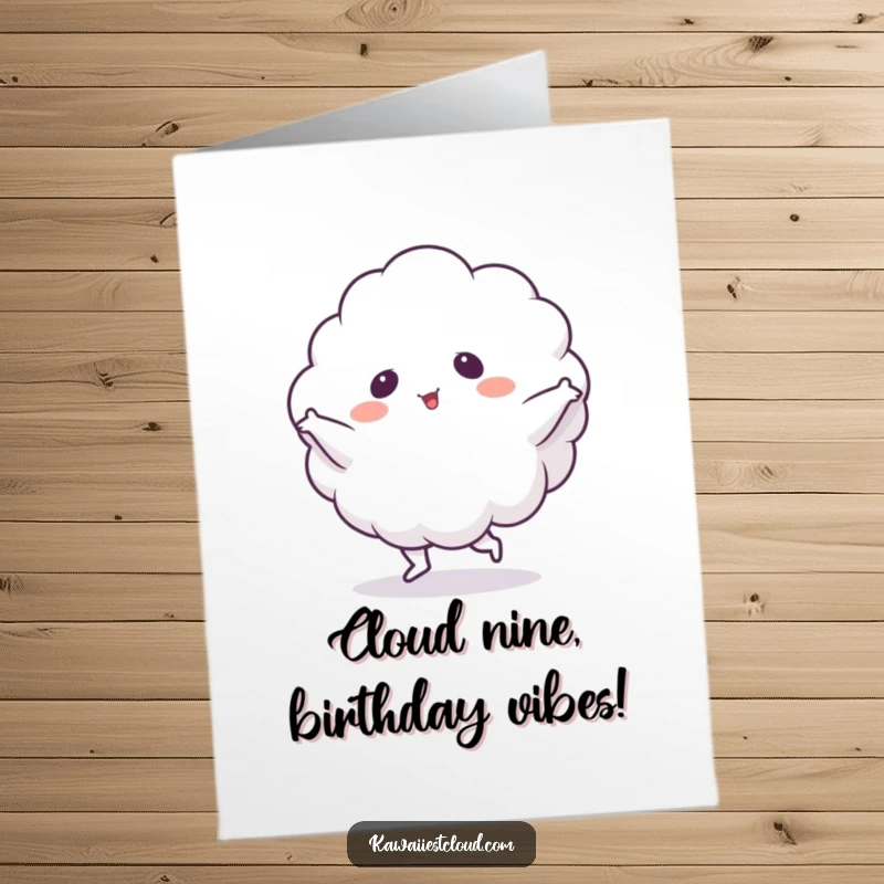 Funny Free Printable birthday card featuring a fluffy cloud character doing a joyful, silly dance, spreading laughter and good vibes.