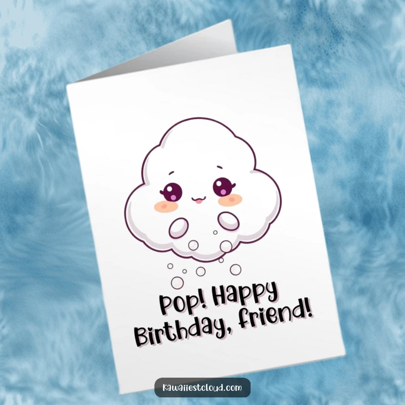 Funny Free Printable Birthday Card: Beaming Cloud Character Puffing Out Tiny, Shimmering Bubbles Happily.