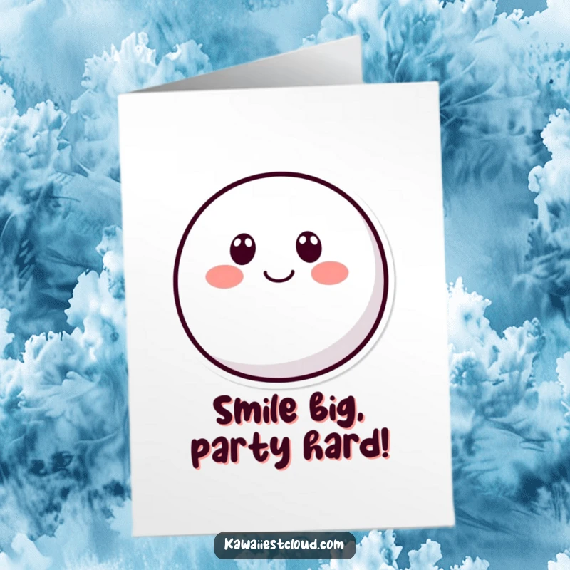 Funny Free Printable Birthday Card showing a rounded character with two dot eyes and a big curved smile, radiating pure happiness. DIY gift.