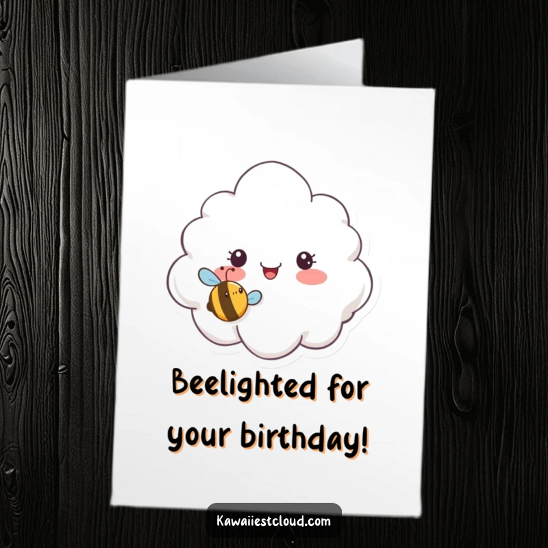 Funny Free Printable Cloud Birthday Card, surprised cloud character looking at a tiny smiley bee, whimsical and cute downloadable art.