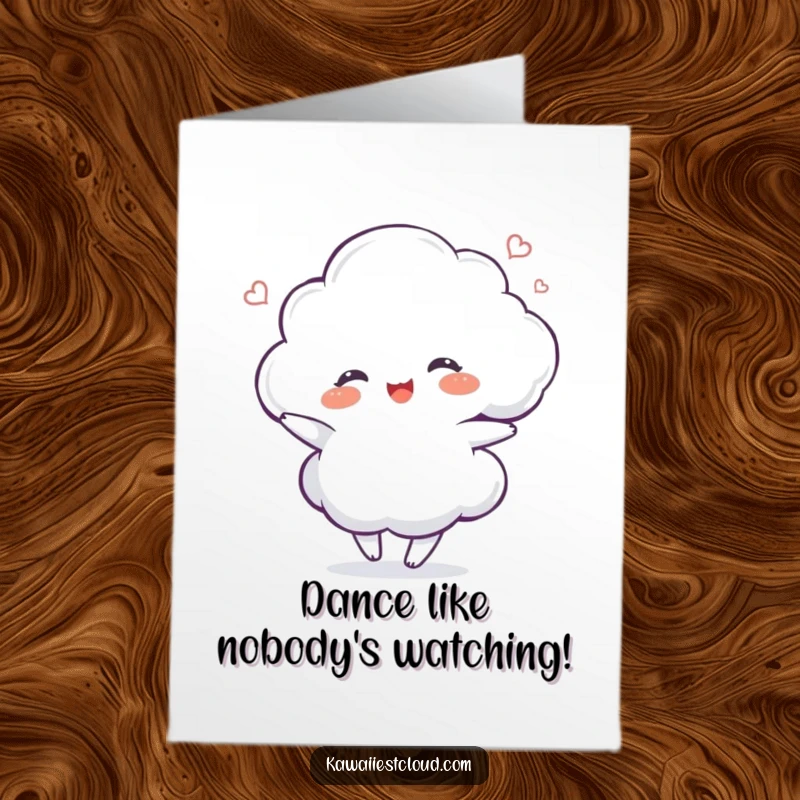 Funny Free Printable Birthday Card: A delighted cloud character dances joyfully with a gentle shimmer