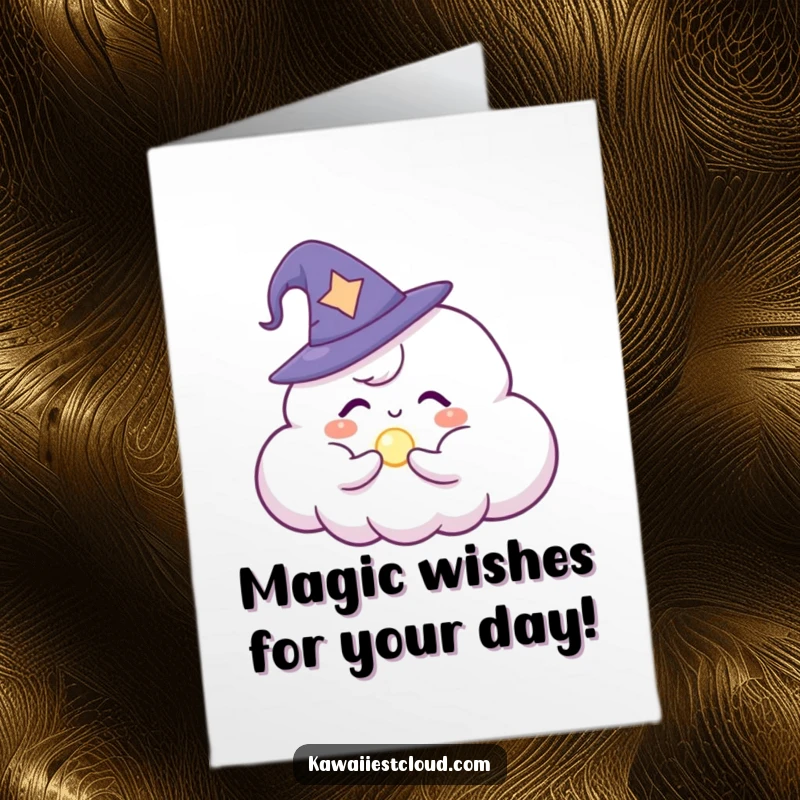 Funny Free Printable Birthday Card: Cloud wizard in a tiny hat conjuring a glowing orb, casting a spell of fun.