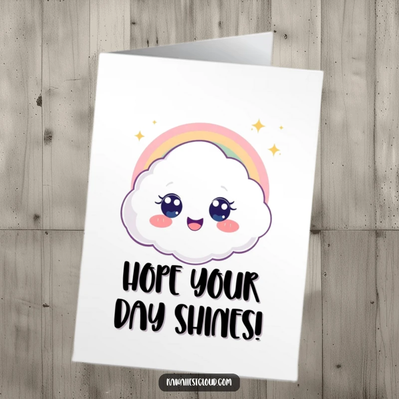 Funny free printable birthday card showing a delighted cloud character with big eyes spotting a shimmering rainbow.