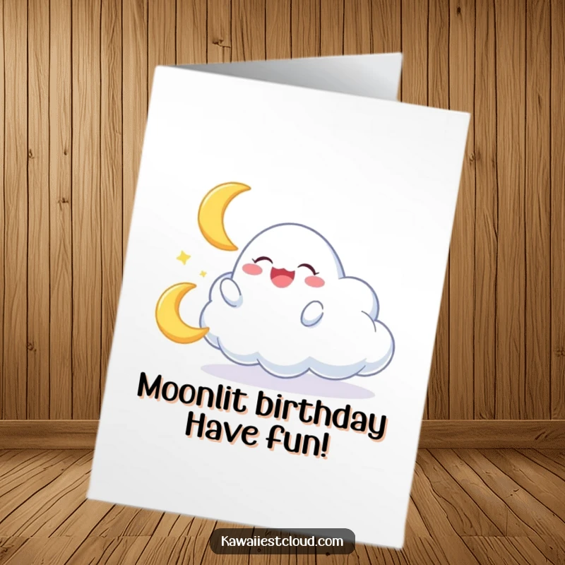 Funny Free Printable Birthday Card: A cloud character gleefully plays with a giggling crescent moon, celebrating.