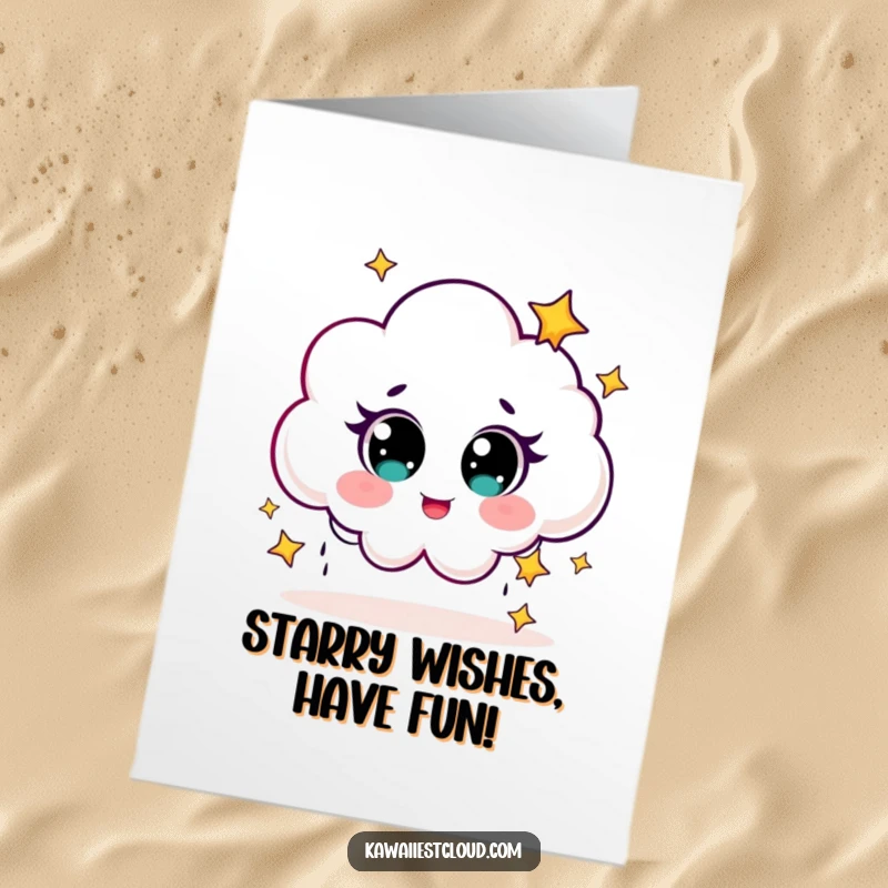 Funny free printable birthday card: a cute cloud with big eyes giggles while raining tiny stars, spreading birthday magic.