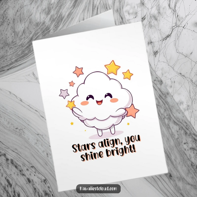 Funny Free Printable Happy Birthday Card: Cloud character gleefully juggling bright, colorful stars, sending wishes for a fantastic day.