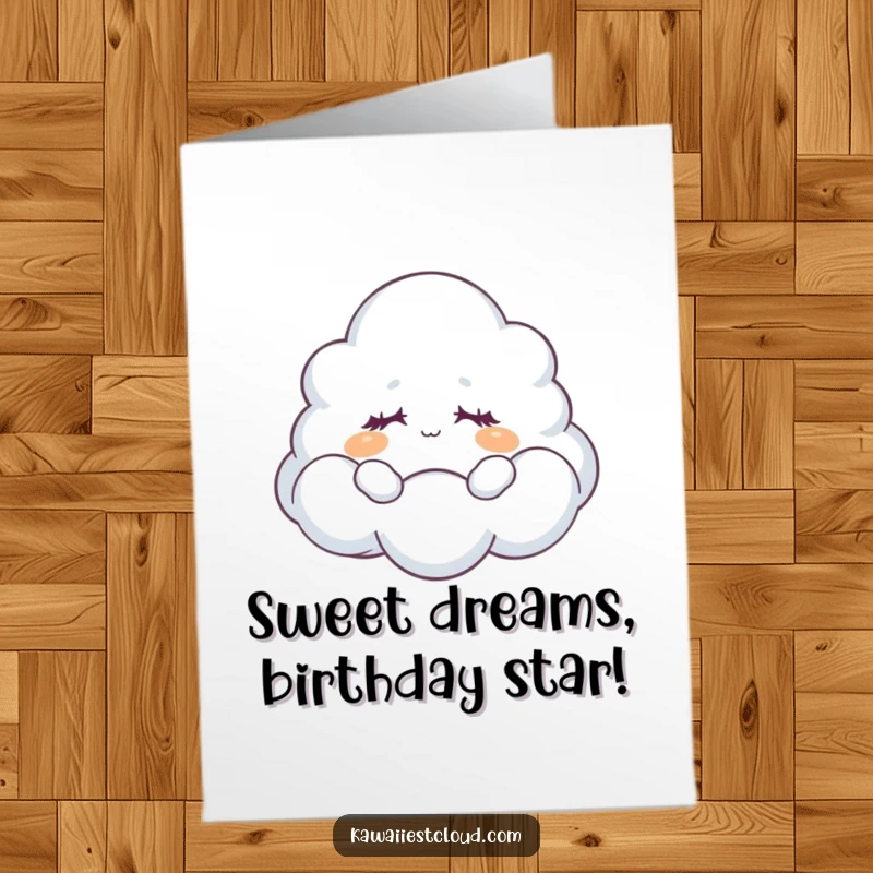 Funny free printable birthday card featuring a dreamy cloud character floating peacefully with eyes closed, perfect for a serene wish.