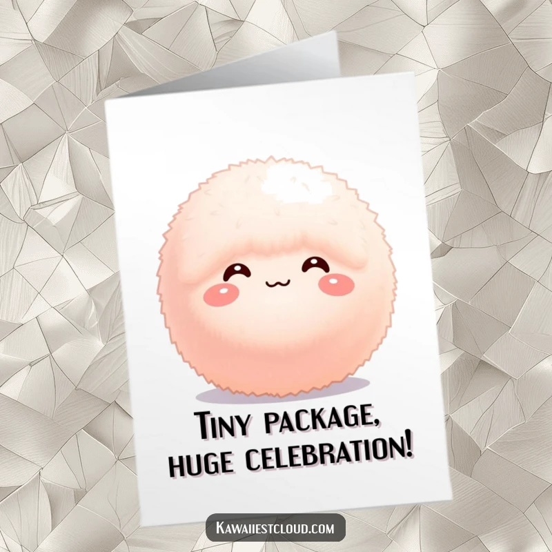 Funny Free Printable Birthday Card featuring a tiny, fluffy sphere with a sweet, bashful expression, sending birthday cheer.