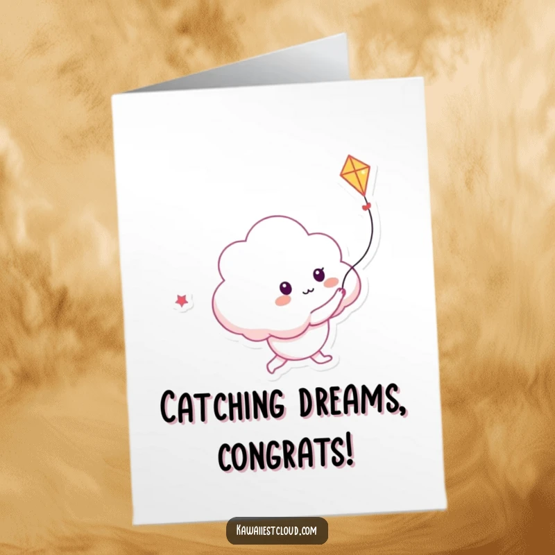 Funny Free Printable Congratulations Card with a playful cloud character chasing a luminous kite made of light, symbolizing bright success.