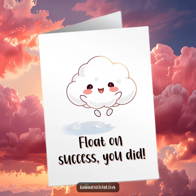 Funny Free Printable Cloud Congratulations Card, happy cloud character bouncing on an ethereal surface, whimsical and uplifting downloadable art.