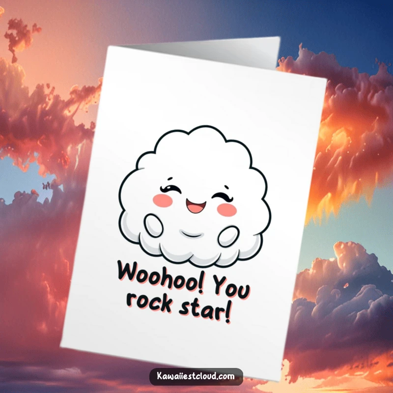 Funny Free Printable Congratulations Card: A cloud character cheers loudly with a wide, fluffy smile, celebrating an achievement.