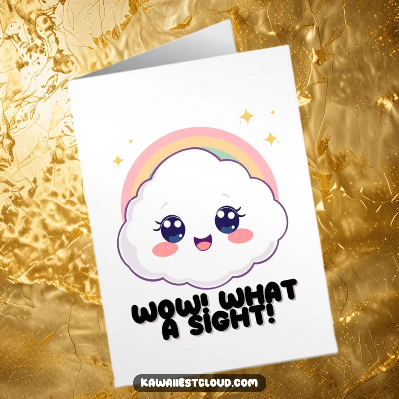 Free printable congratulations card with a delighted cloud character with wide eyes looking at a shimmering rainbow.