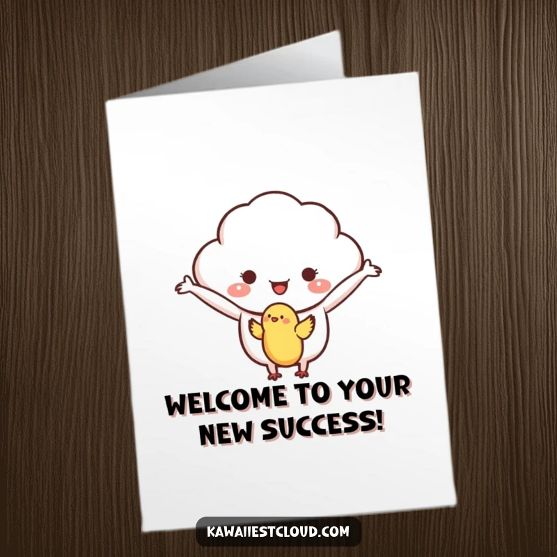 Funny Free Printable Congrats Card: A cloud character with open arms welcomes a small bird, signifying new beginnings.