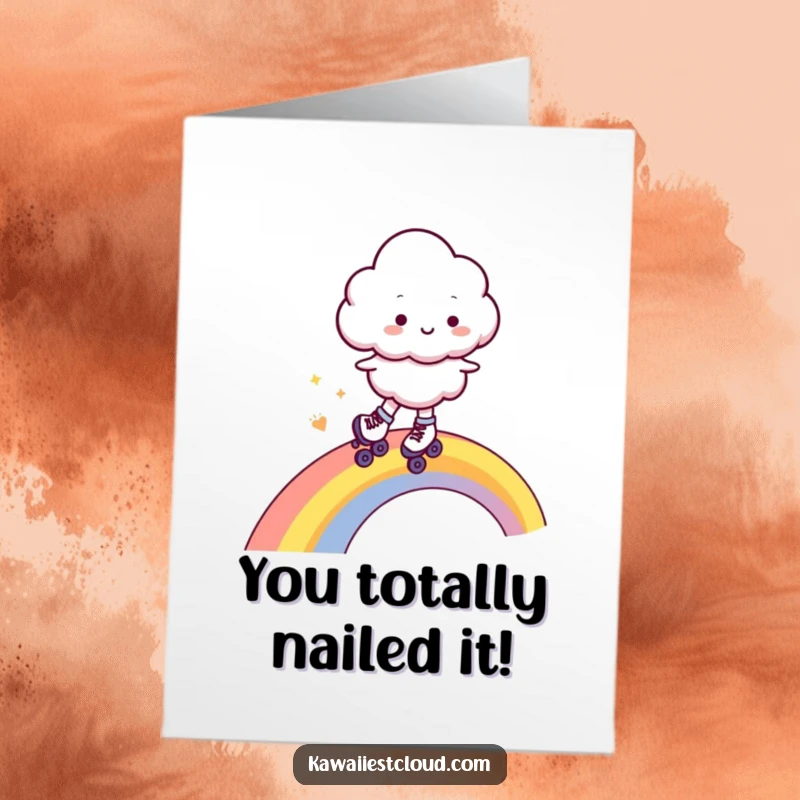Funny Free Printable Congratulations Card: Cheerful Cloud Character Roller Skating Swiftly on a Rainbow.