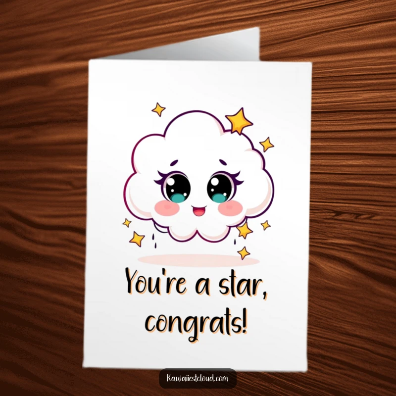 Funny free printable congratulations card: a giggling cloud character rains tiny stars, celebrating achievements with magical delight.