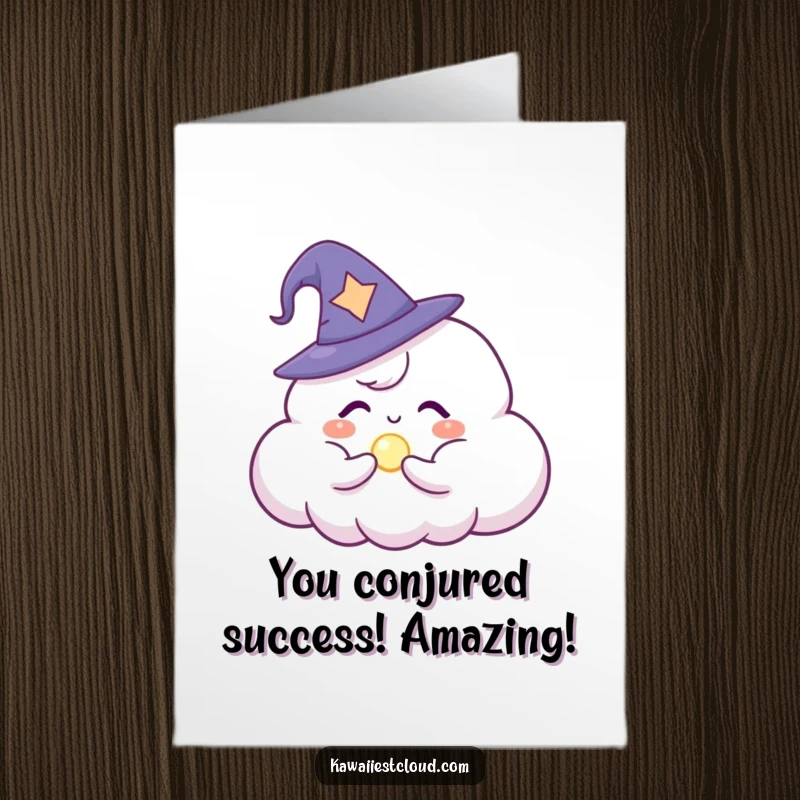 Funny Free Printable Congratulations Card: Cloud sorcerer in a small hat conjuring a bright orb, celebrating an achievement.