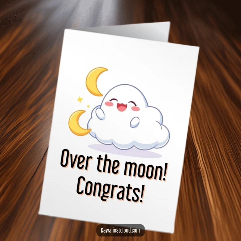 Funny Free Printable Congratulations Card: A cloud character gleefully interacts with a tiny, giggling crescent moon, celebrating success.