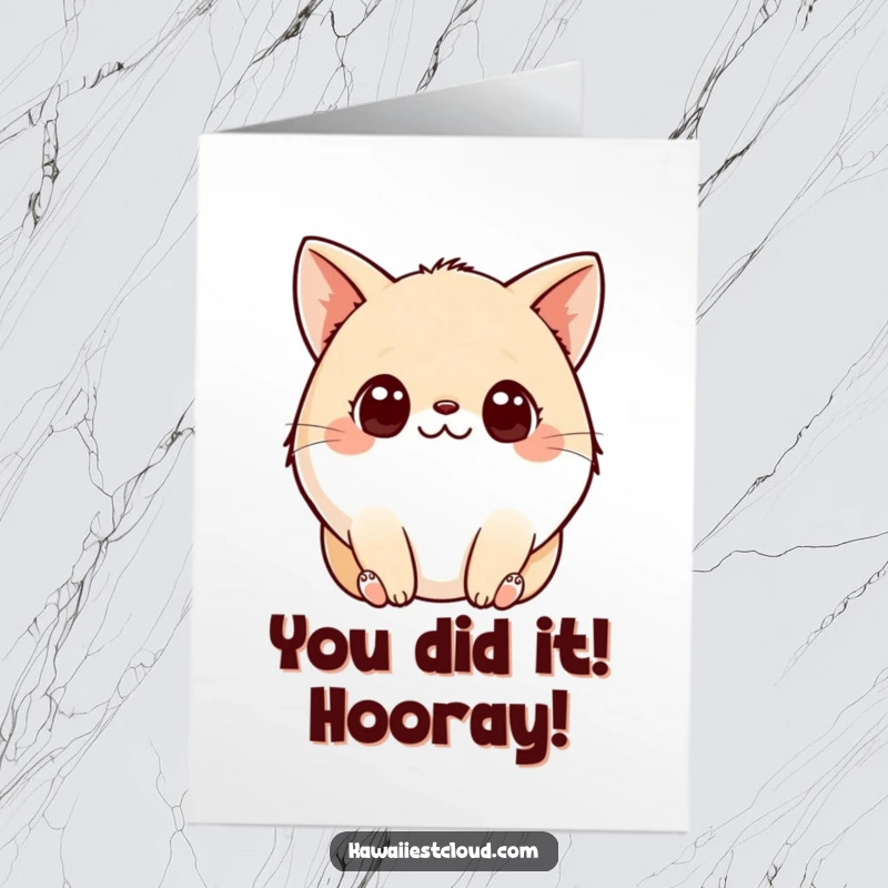 Funny Free Printable Congratulations Card showing a small, plump character with curious eyes and paws, cheering for success.