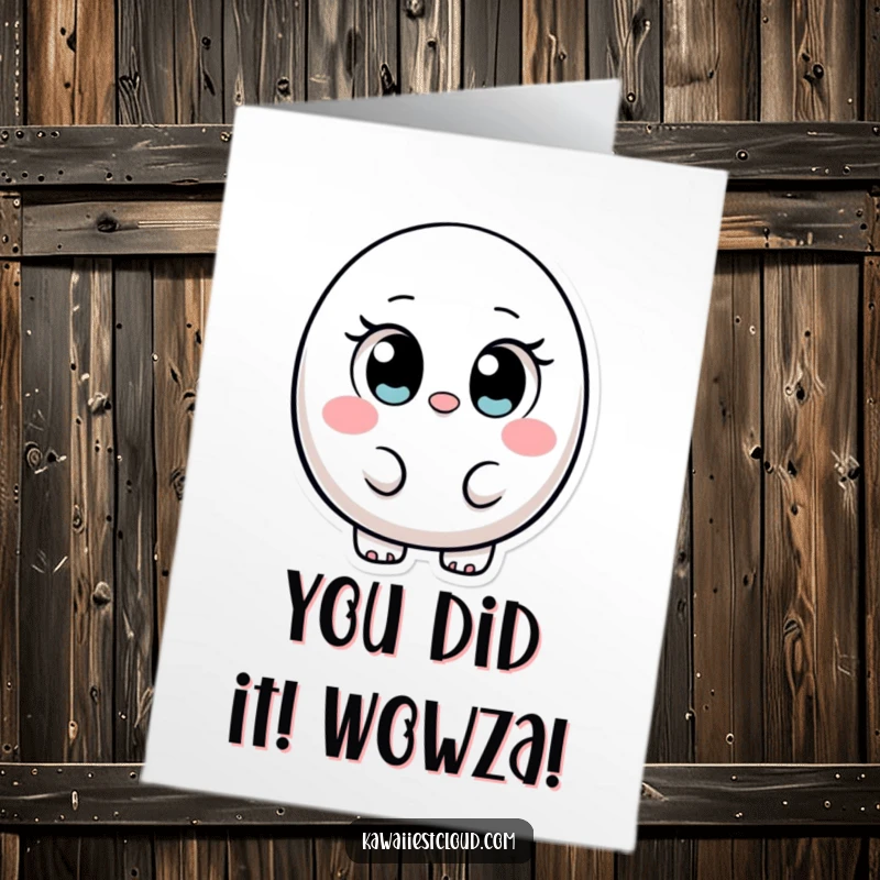 Funny Free Printable Congratulations Card showing a small ovular character with wide innocent eyes cheering enthusiastically. Great DIY gift.