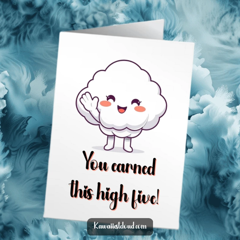 Funny Free Printable Congratulations Card: Cloud character offering a fluffy cloud a high-five, celebrating a victory.