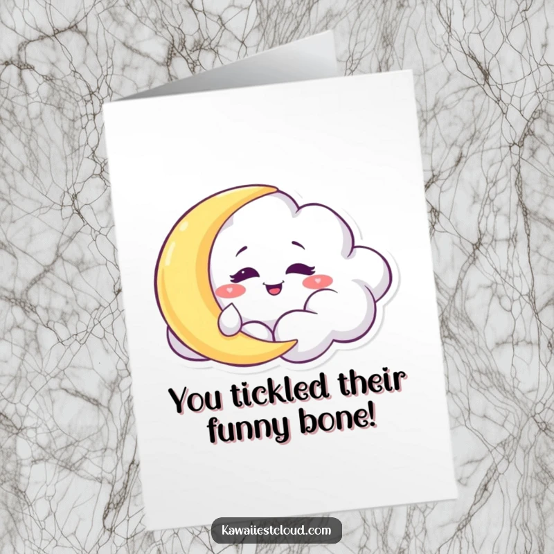 Funny Free Printable Congratulations Card: Cloud character with a mischievous grin, playfully tickling the moon, celebrating a win.