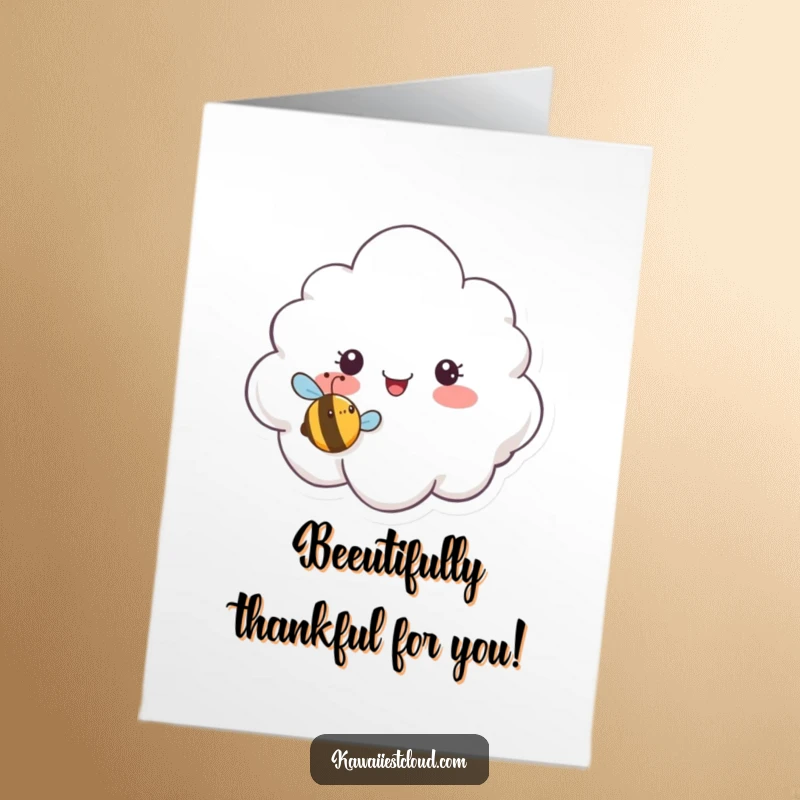 Funny Free Printable Cloud Thank You Card, surprised cloud character with a tiny buzzing smiley bee, sweet and funny downloadable art.