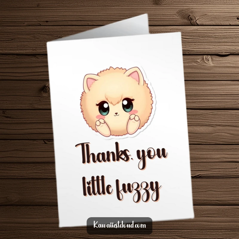 Funny Free Printable Thank You Card of a fuzzy sphere with curious eyes, offering thanks, a sweet downloadable gift.