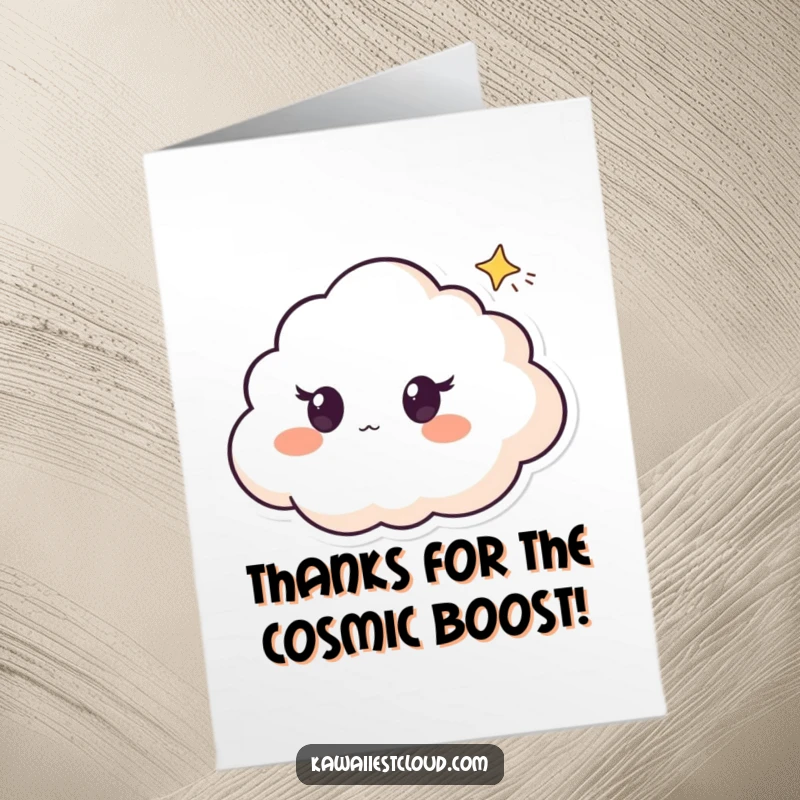 Funny Free Printable Thank You Card: A cloud character with wide, surprised eyes looks at a small shooting star, conveying thanks.