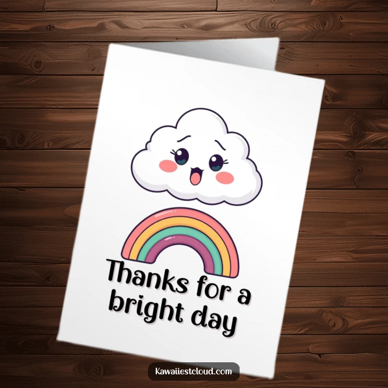 Funny Free Printable Thank You Card: A surprised cloud peeking over a rainbow, expressing thanks with humorous shock.