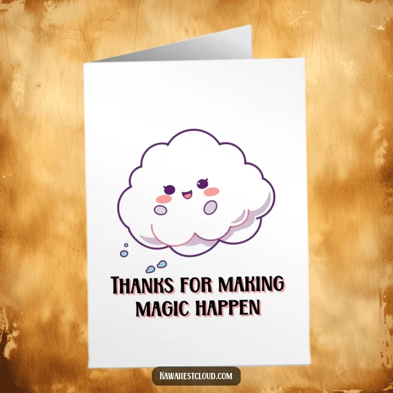 Funny Free Printable Thank You Card: A whimsical cloud character spins with shimmer, perfect for a fun 'thanks' message, downloadable.