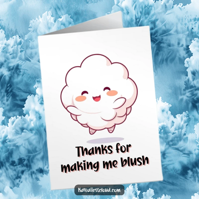 Funny Free Printable Thank You Card: A fluffy cloud character joyfully bouncing with rosy cheeks, a cheerful downloadable gift.