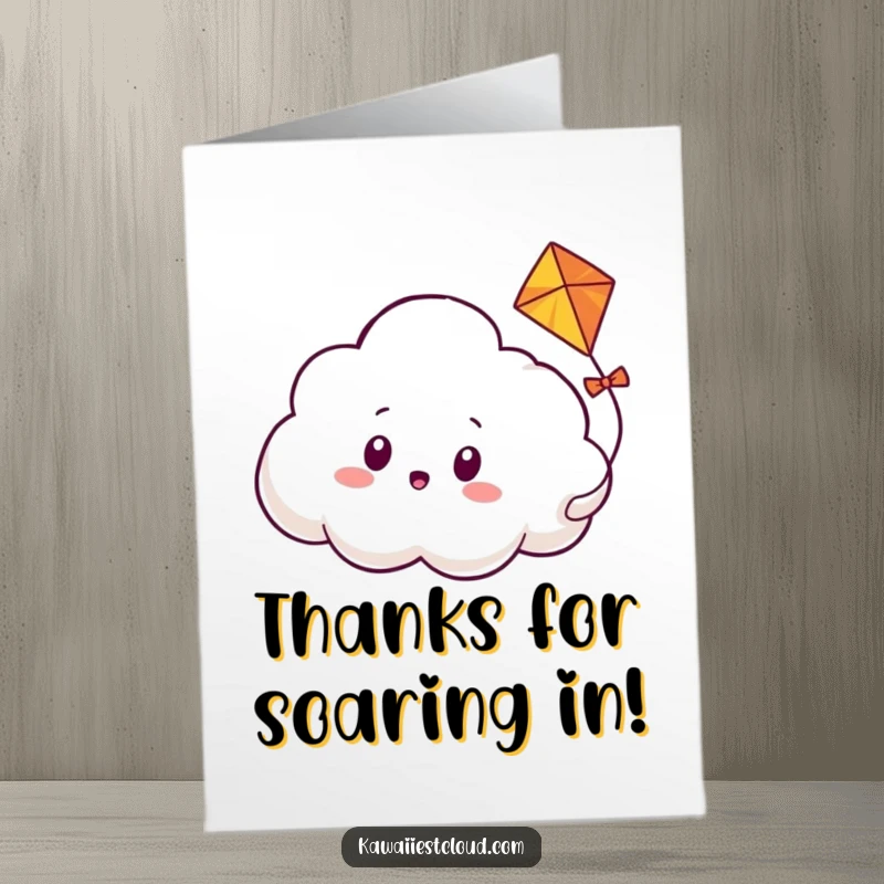 Funny Free Printable Thank You Card: Cloud Character Looking Astonished as a Kite Weaves Through Its Body.