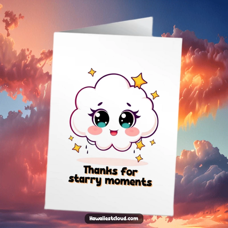 Funny free printable thank you card: a cute cloud giggles, raining tiny stars to express sincere and whimsical thanks.
