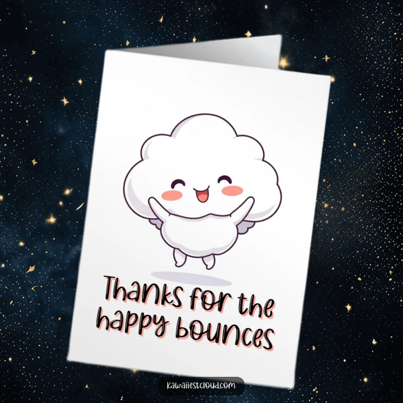 Funny Free Printable Thank You Card: A happy cloud character performing a silly, bouncy jig to show gratitude.