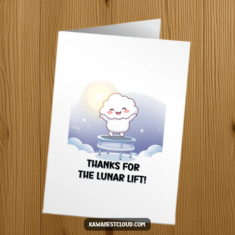 Funny Free Printable Thank You Card: Cheerful cloud character bouncing with excitement, a playful thank you gesture.