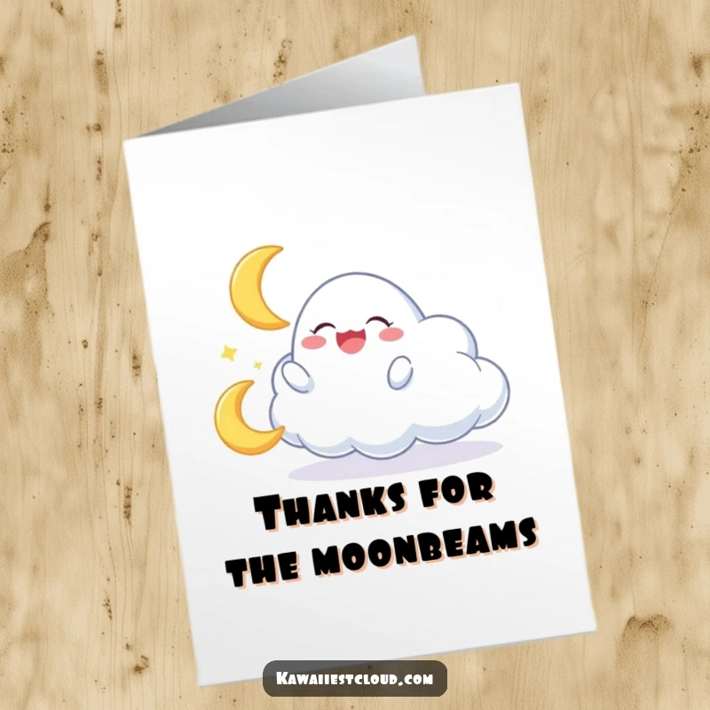 Funny Free Printable Thank You Card: A cheerful cloud character plays with a miniature, giggling crescent moon, showing thanks.