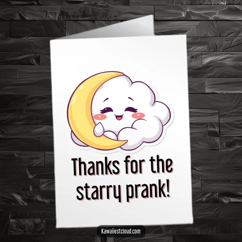 Funny Free Printable Thank You Card: Cloud with a mischievous grin, tickling a sleepy moon, a lighthearted thank you.