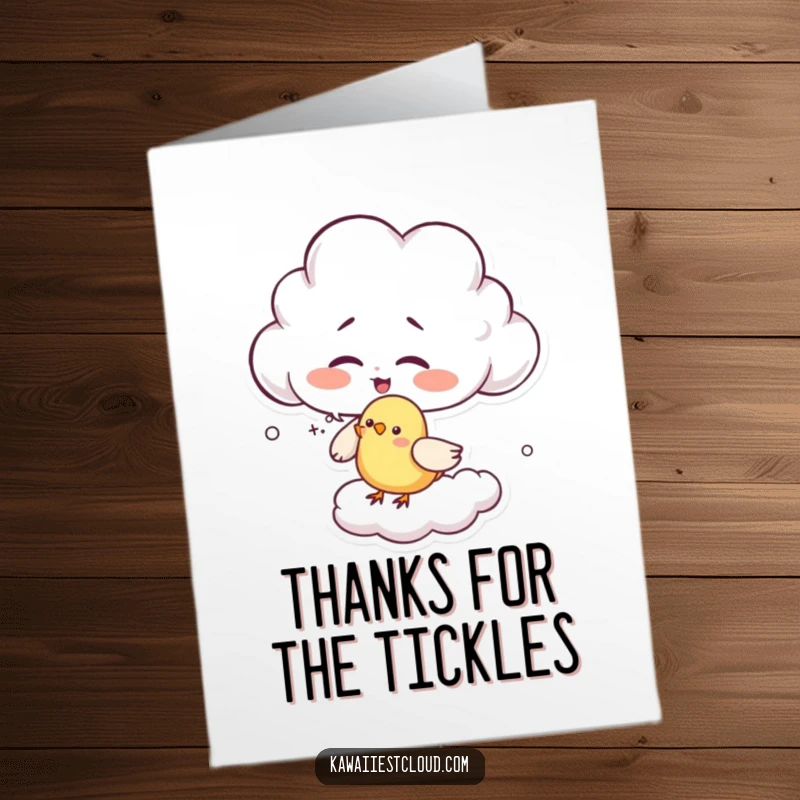 Funny Free Printable Thank You Card: a giggling cloud character tickling a tiny bird with fluffy cloud wisps.