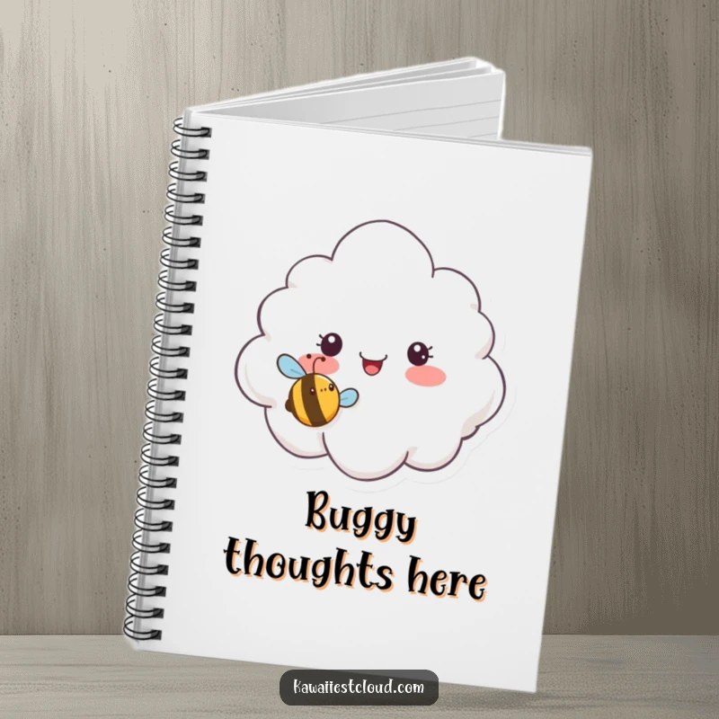 Funny notebook with a surprised cloud character reacting to a tiny, smiling bee buzzing humorously, perfect for jotting notes.