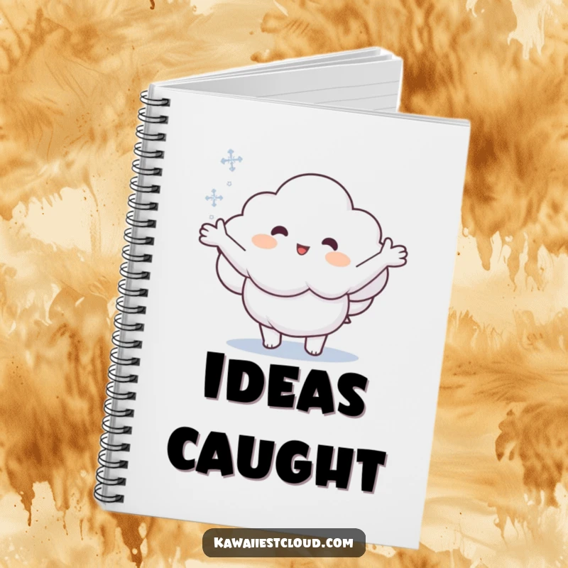 Funny notebook cover featuring a cartoon cloud reaching out to catch a snowflake, inspiring winter creativity.