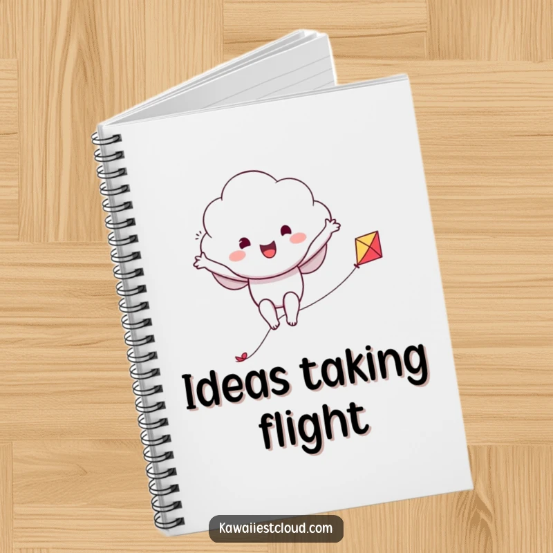 Funny notebook with a happy cloud character happily riding a kite, ideal for jotting down exciting thoughts.