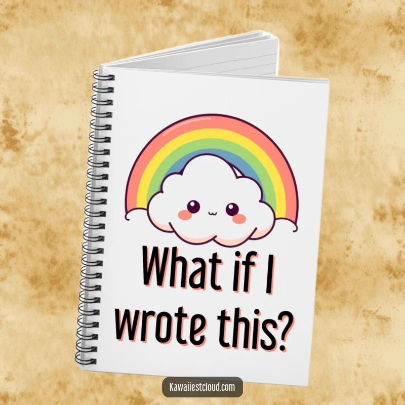 Funny curious cloud notebook cover with a character peeking from behind a vibrant rainbow, designed for jotting down thoughts and discoveries with humor.